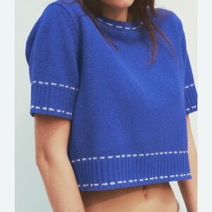 Zara Blue Crewneck Sweater with White Stitching Size Small